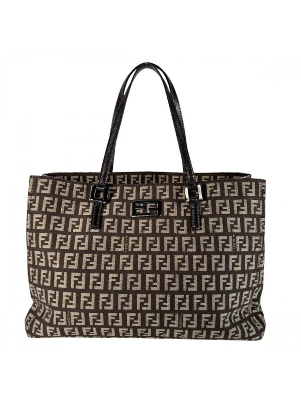 Fendi Handbag Zucchino Tote Canvas Leather Brown Silver
